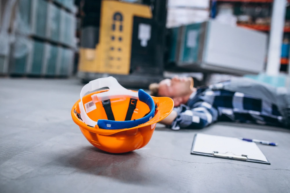homme allongé par terre avec un casque orange en premier plan