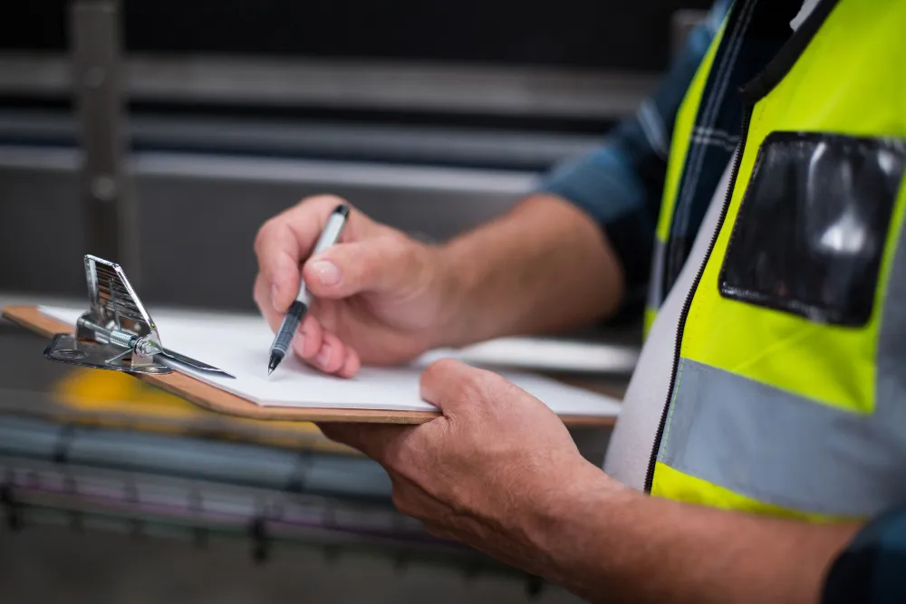 homme avec un gilet jaune qui écrit sur une feuille